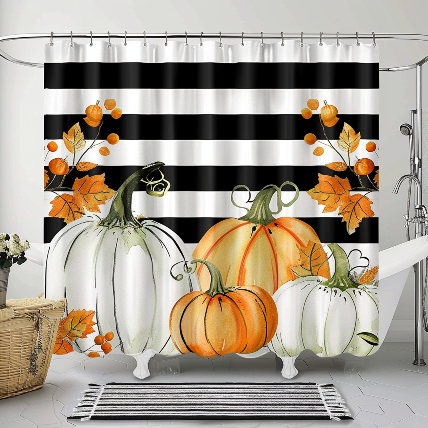 AutumnThemed Bathroom Decor Set with Stylized Pumpkins Floral Patterns