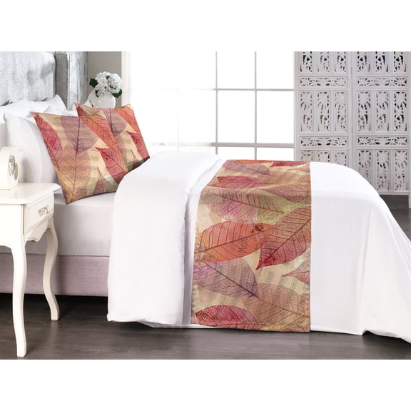 Autumn Themed Bed Runner Set, Fall Color Palette Melancholic Leafy Design with Music Papers Art, Decorative Bedding Scarf & 2 Pillow Shams for Hotels Homes, Queen, Coral Blush Pale Green, by Ambesonne