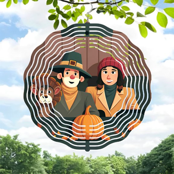 Autumn -Themed Metal Hanging Wind Spinners & Chimes - Decorative Concentric Circle Design for Yard & Garden