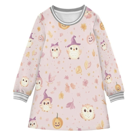 Autumn Themed Owl Girls'long-sleeved dress Thickened A-dress Warm Dress Basic Shirt Party Dresses