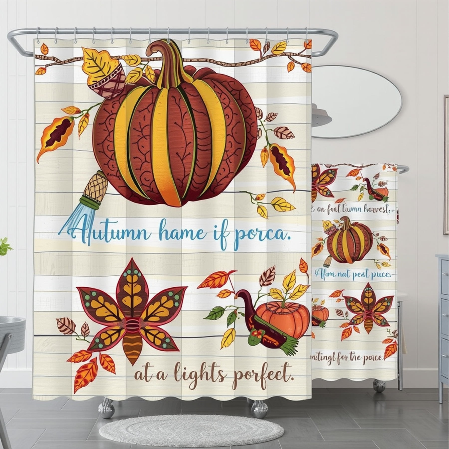 AutumnThemed Shower Curtain with Pumpkin & Leaves Fall Decor