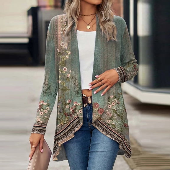 Autumn Thin Jacket Women Turn Down Collar Solid Long Sleeve Vintage Print Cardigan Women Casual Coats Women