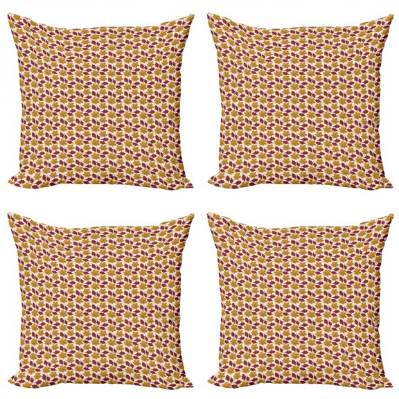 Autumn Throw Pillow Cushion Case Pack of 4, Cartoon Style Chestnut and Hawthorn Leaves in Fall Season, Modern Accent Double-Sided Print, 4 Sizes, Pale Maroon Dark Yellow, by Ambesonne