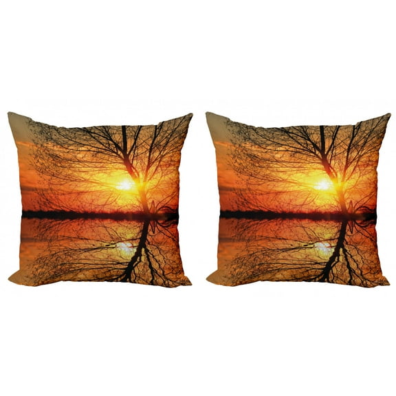 Ambesonne Autumn Throw Pillow Cover 2 Pack, Sunset View with Trees, 16", Orange Black