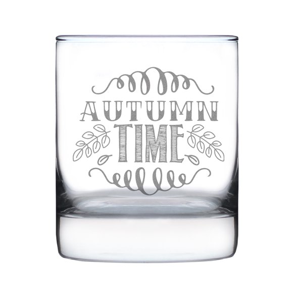 Autumn Time Hand Engraved Rocks Glass, Fall Season Etched Glassware Gift, Handcrafted Design Whiskey 10oz Glass