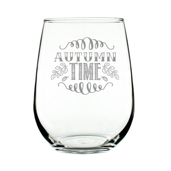 Autumn Time Stemless Wine Glass, Hand Engraved Etched 17oz Fall Season Leaf Design Glass
