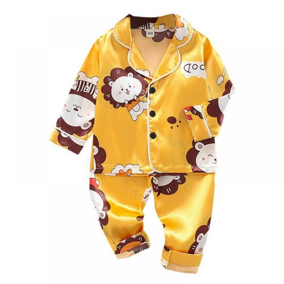 Autumn Toddler Satin Sleepwear Long-sleeved Pijama Trousers Children Pajamas Suit Cartoon Long Nightwear Kids Home Service