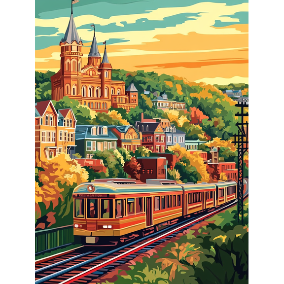 Autumn Town Train Canvas Painting/Wall Art Perfect for Living Room Bedroom Kitchen Office and Dining Room Decoration.