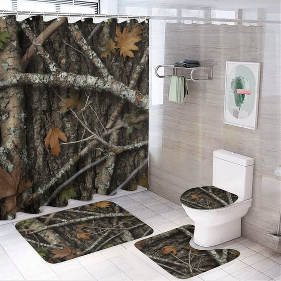 Autumn Tree Bark Print Shower Curtain Bathroom Sets Toilet Lid Rug, Bath Mat And Contour Mat, Shower Curtain 4Pcs