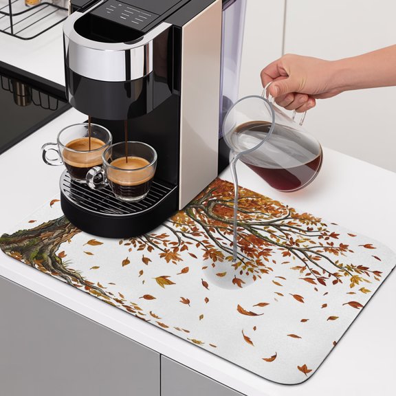 Autumn Tree Dish Drying Mats for Kitchen Counter, Vintage Orange Red Fall Maple Leaf Branch Nature Absorbent Coffee Bar Mat with Non-slip Rubber Backed Quick Drying Dish Rack Pad 16"x18"