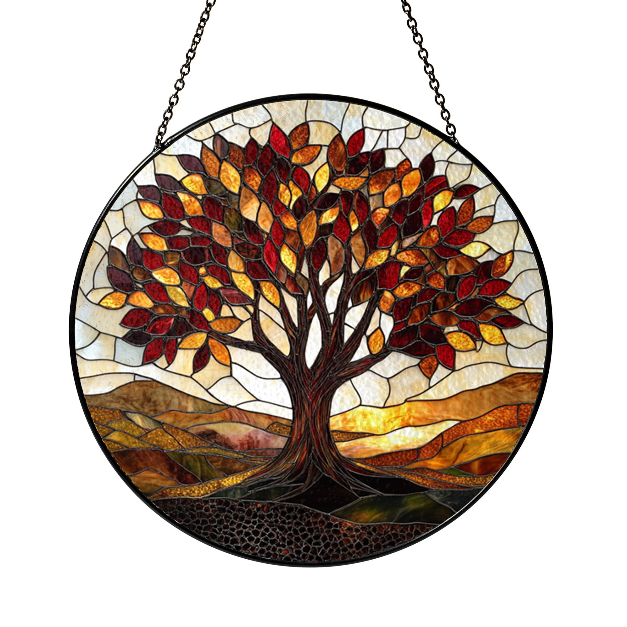 Autumn Tree Glass Suncatcher Window Hanging, Warm Fall Landscape Decor ...
