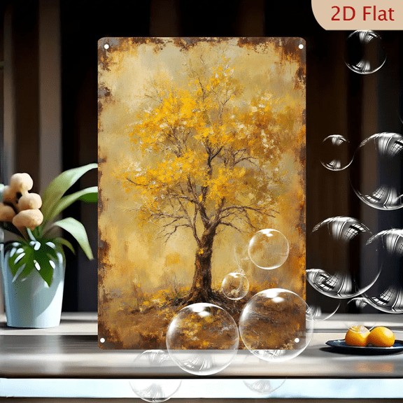 Autumn Tree Impressionist Wall Art 8x12 Inches Metal Tin Sign, Rustic Yellow Golden Leaves & Dark Trunk, Vintage Distressed Frame for Home Decor