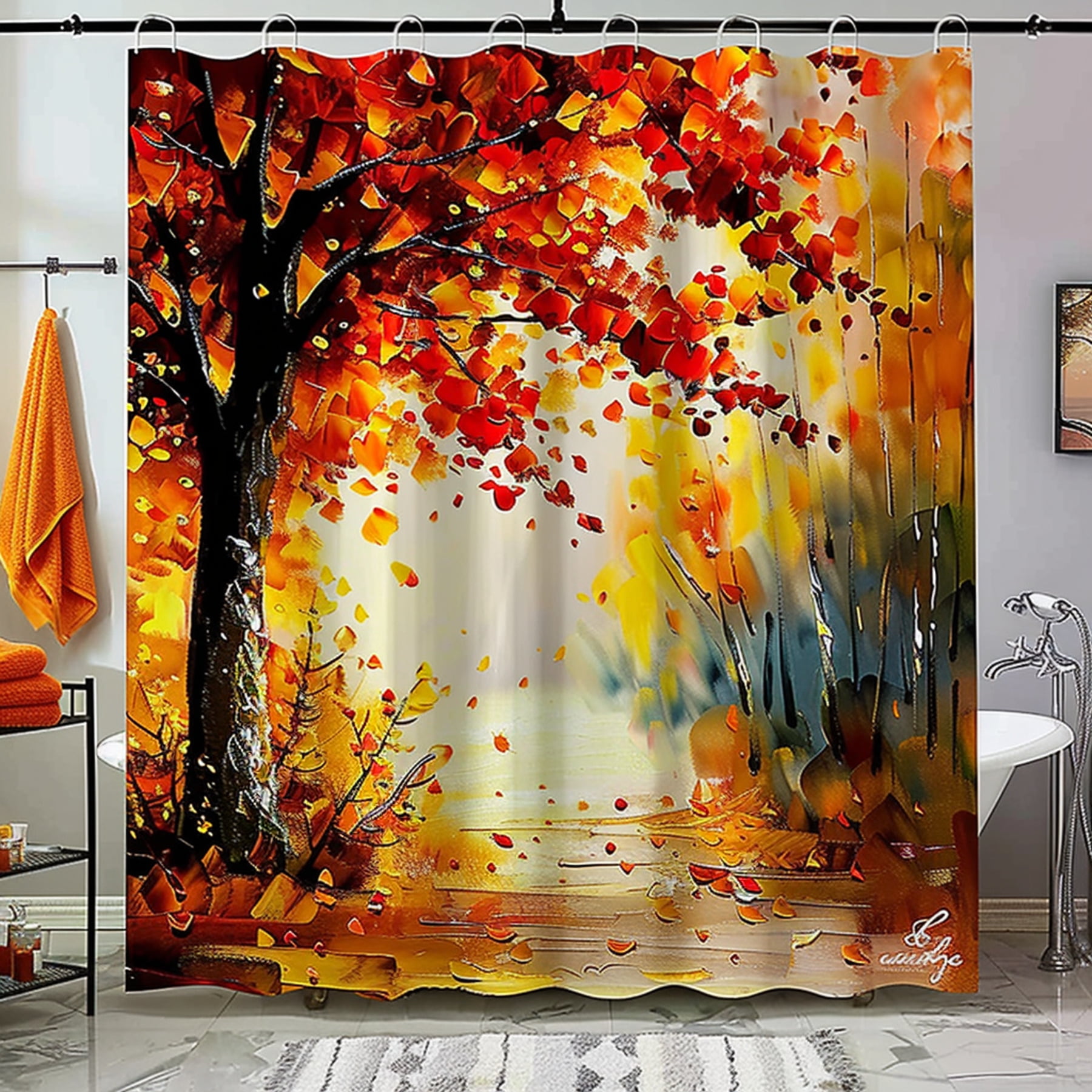 Autumn Tree Landscape Oil Painting Shower Curtain Yellow Red Orange