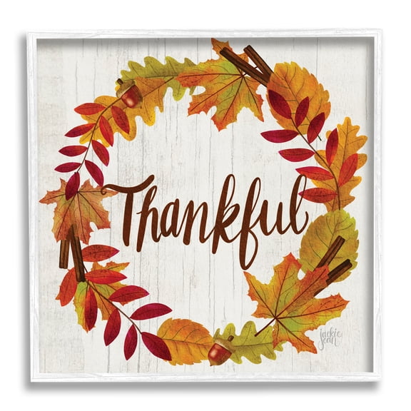 Autumn Tree Leaf Wreath Thankful Sentiment Home Sign Holiday Framed Art Print Wall Art, 17x17