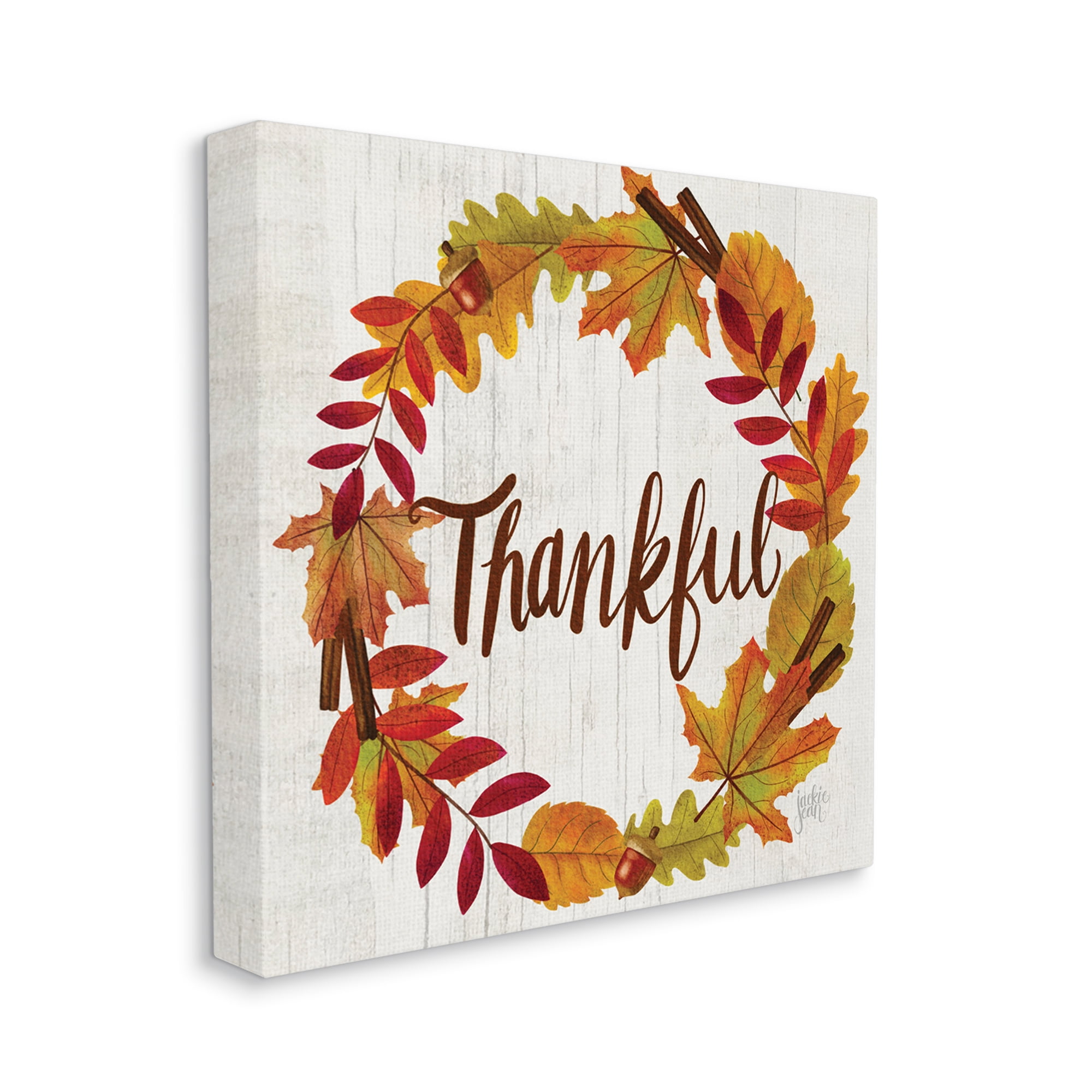 Autumn Tree Leaf Wreath Thankful Sentiment Home Sign Holiday Gallery-Wrapped Canvas Print Wall Art, 17x17