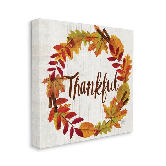 Autumn Tree Leaf Wreath Thankful Sentiment Home Sign Holiday Gallery-Wrapped Canvas Print Wall Art, 17x17