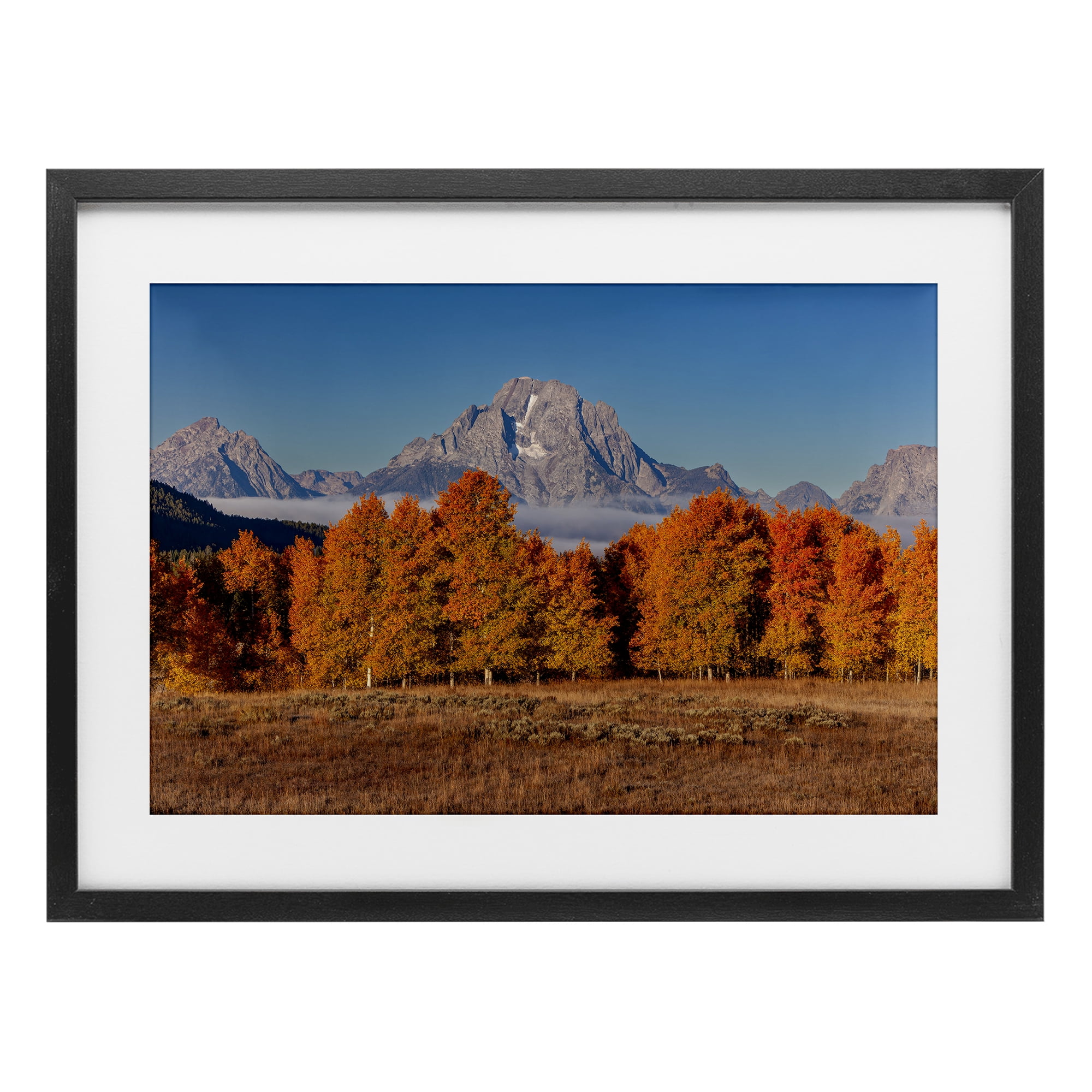 Autumn Tree Line With Mountain Black Framed Print Under Glass, design by Shelley Carlisle