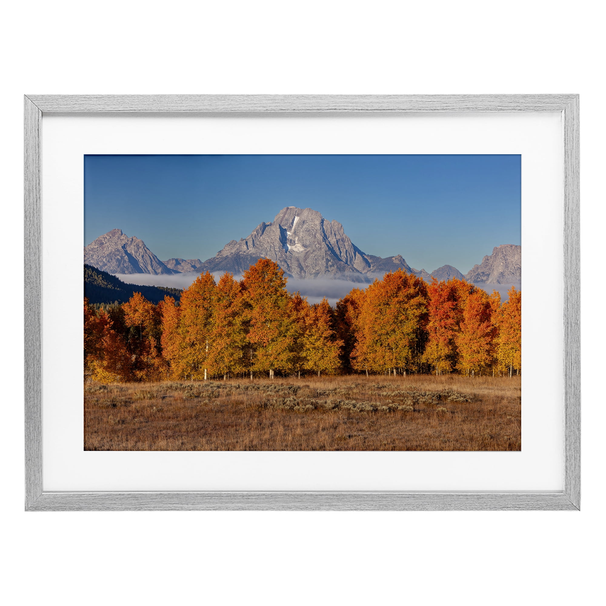 Autumn Tree Line With Mountain Gray Framed Print Under Glass, design by Shelley Carlisle