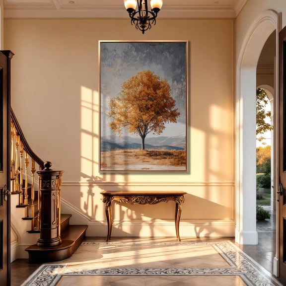 Autumn Tree Poster: Fall Mountain Landscape Wall Art, Stretched Canvas Size 8x12