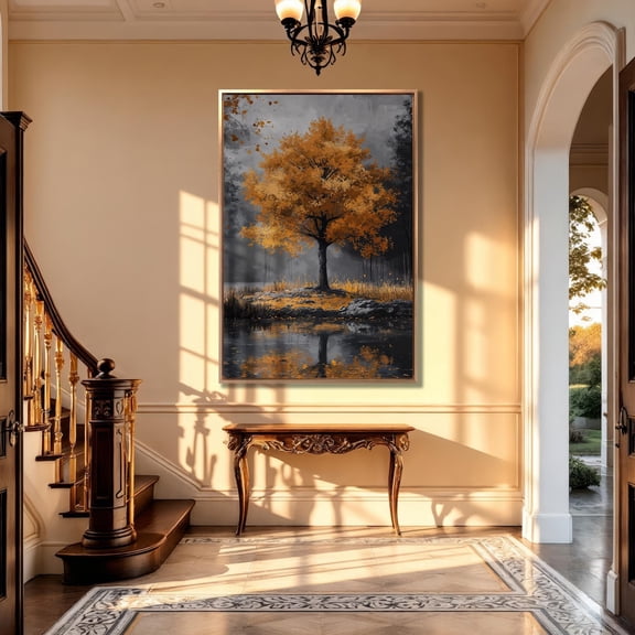 Autumn Tree Poster: Orange Leaf Lake Landscape Wall Art, Unframed Canvas Size 12x18