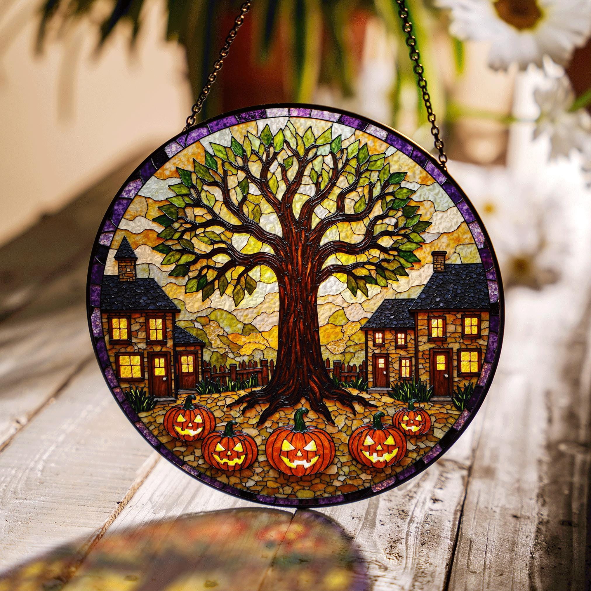 Autumn Tree Pumpkin Stained Glass Suncatcher, Cozy Fall Window Hanging ...