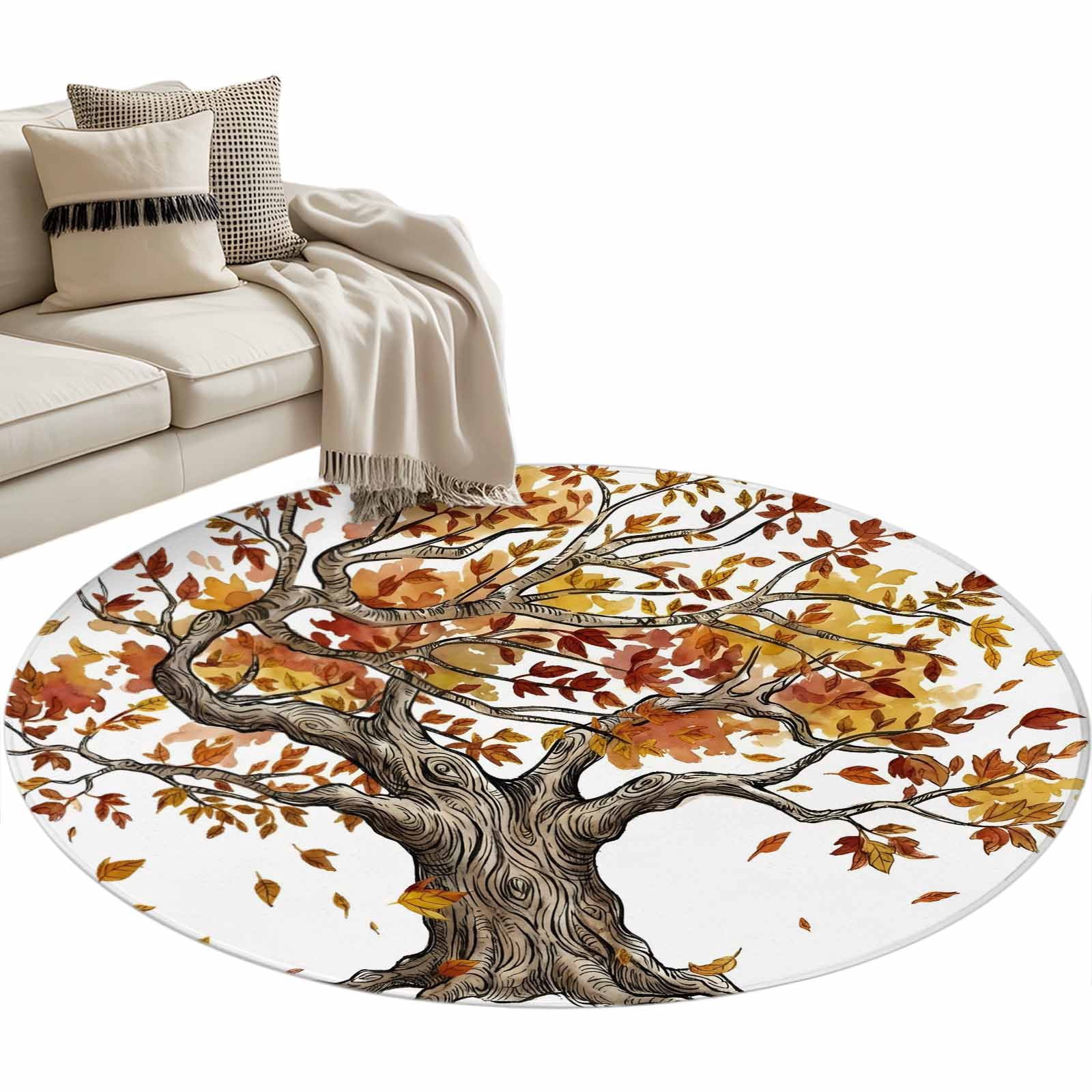 Autumn Tree Round Rug 3.3Ft Vintage Watercolor Orange Fall Maple Leaf ...