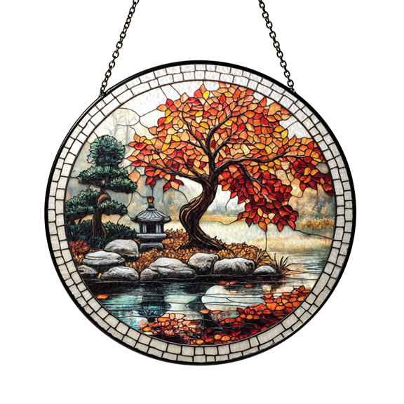 Autumn Tree Stained Glass Suncatcher Window Hanging Decor, Round Red and Orange Maple Tree and Stream Landscape Glass Art Panel, Decorative Nature Scene Window Ornament for Home Decor