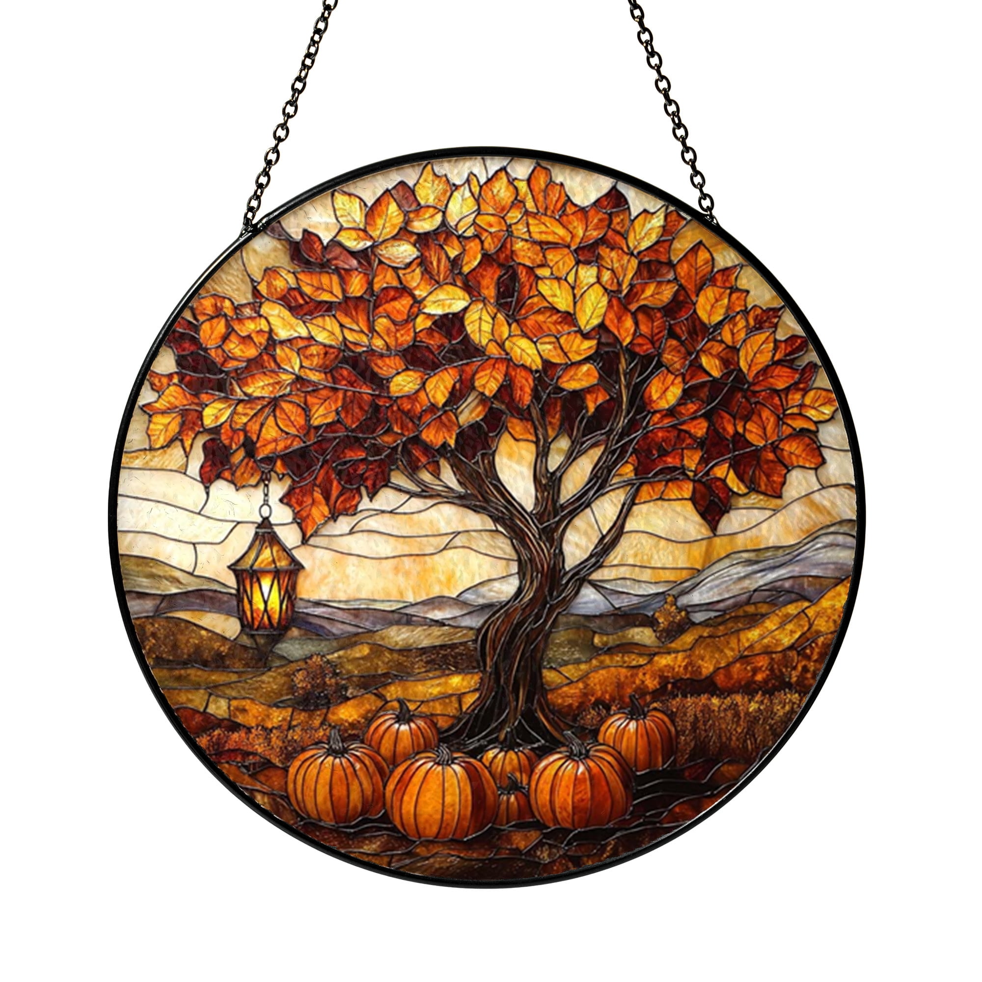 Autumn Tree Stained Glass Suncatcher with Pumpkin Harvest Theme, Fall ...