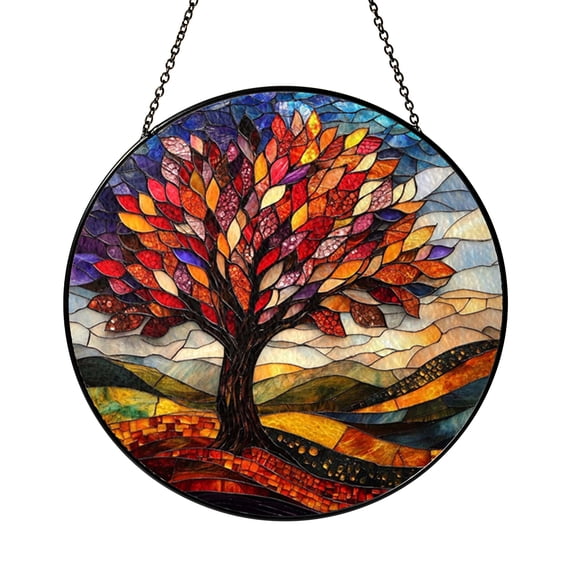 Autumn Tree Stained Glass Window Panel, Vibrant Fall Foliage with Scenic Hillside, Unique Seasonal Home Decor, Gift for Autumn Lovers