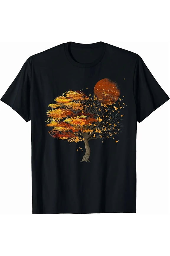 Autumn Tree Sunset Birds Flying Graphic Unisex Short Sleeve Casual T-Shirt