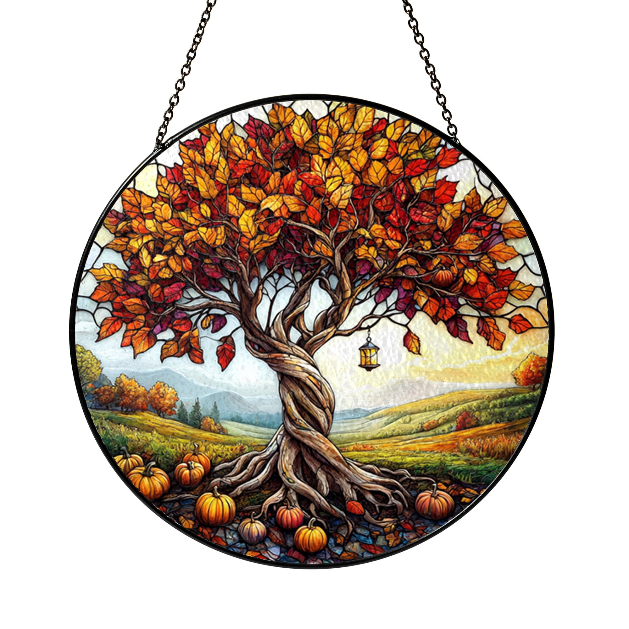 Autumn Tree Window Hanging Stained Glass Sun Catcher, Pumpkin Harvest ...