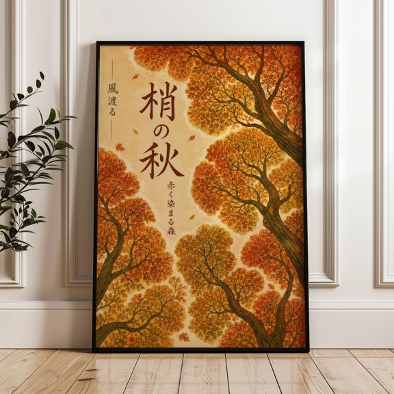 Autumn Trees Asian Inspired Woodblock Fall Foliage Poster