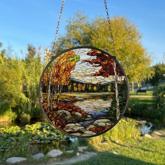 Autumn Trees Landscape Stained Glass Style Wall and Window Decoration, Sun Catcher Wall Art, Indoor Decor, Window Hanging, Outdoor Decor