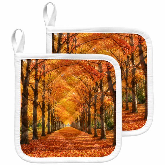 Autumn Trees Pot Holders for Kitchen Heatproof Potholder, 2 Pack Fall Golden Leaves Forest Rustic Path Hot Pads Multipurpose Oven Pads Terry Cloth Potholders Trivet for Cooking and Baking