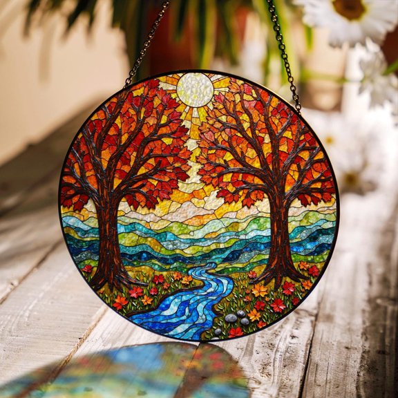 Autumn Trees River Flow Glass Round Suncatcher, Home Decor, 3.5 in