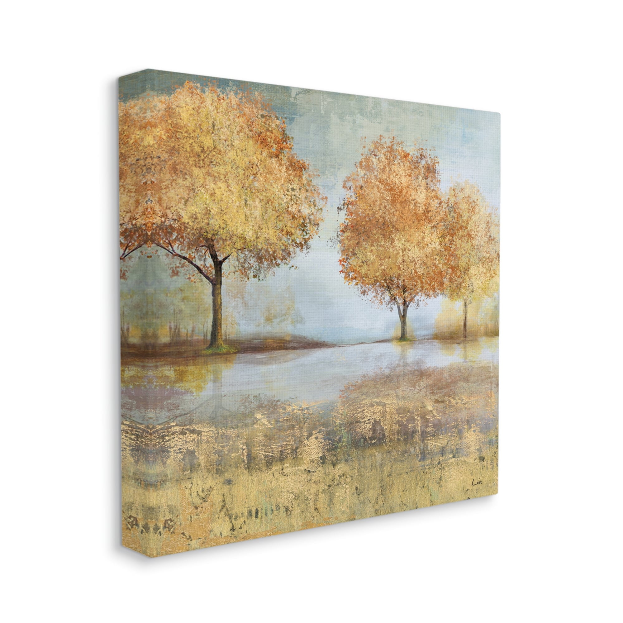 Autumn Trees by Lake Countryside Landscape Canvas Print, 17x17