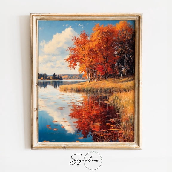 Autumn Trees by the Pond, Rustic Fall Landscape Art, Pond Scene, Earthy Autumn Wall Decor 1233 Unframed Paper Print