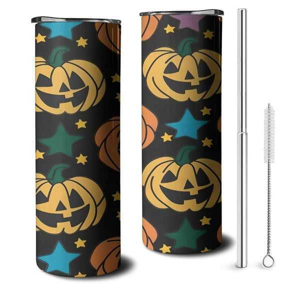 Autumn Trick Treat 20oz Skinny Tumbler - Spooky Candy Pattern Insulated Travel Friendly Cup