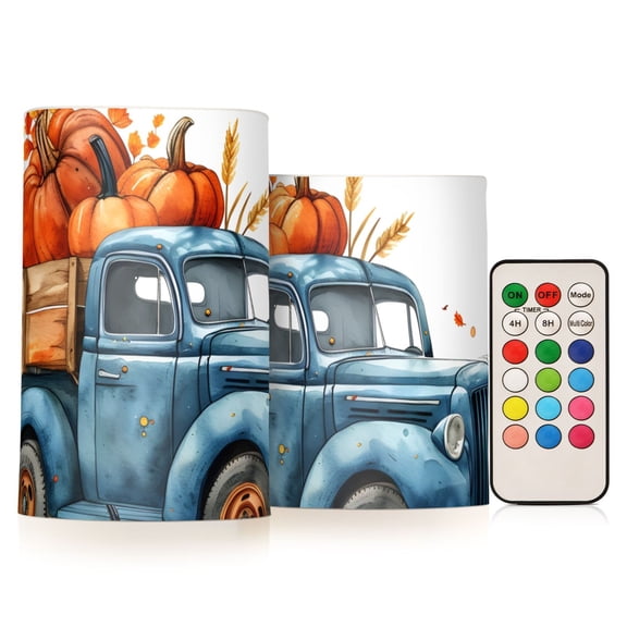 Autumn Truck Pumpkins Flameless Candles LED Lights Battery Operated Candles with Remote and Timers Flicker Lights Votive Set of 2