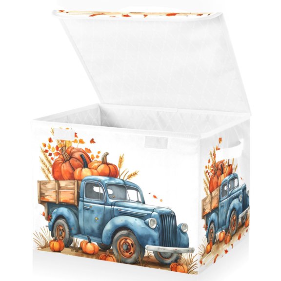 Autumn Truck Pumpkins Storage Basket for Shelves Foldable Container Organizer for Organizing Toys Clothes Books with Handles