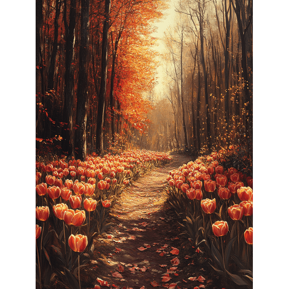 Autumn Tulips Forest Path Canvas Print/Wall Art Perfect for Living RoomHallway and Gallery Wall Decor