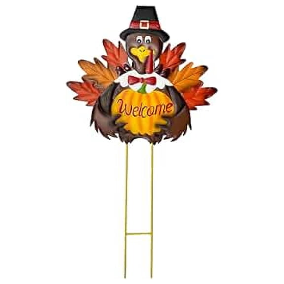 Autumn Turkey Garden Stakes - Fall Harvest Metal Pumpkin Sign, 28.5" Thanksgiving Yard Decor