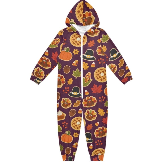 Autumn Turkey Pumpkin Boys & Girls Hooded One-Piece Pajamas Warm Crystal velvet Hooded Long Sleeve Loungewear Jumpsuit Unisex