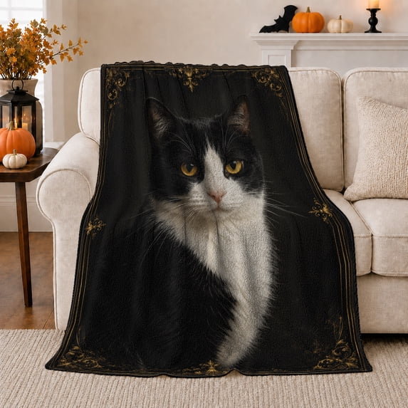 Autumn Tuxedo Cat with Gold Filigree, Dramatic Pet Portrait Pattern, Warm Flannel Blanket for Living Room and Reading Nook, Cat Lovers Autumn Gift, Pet Lover Home Decor