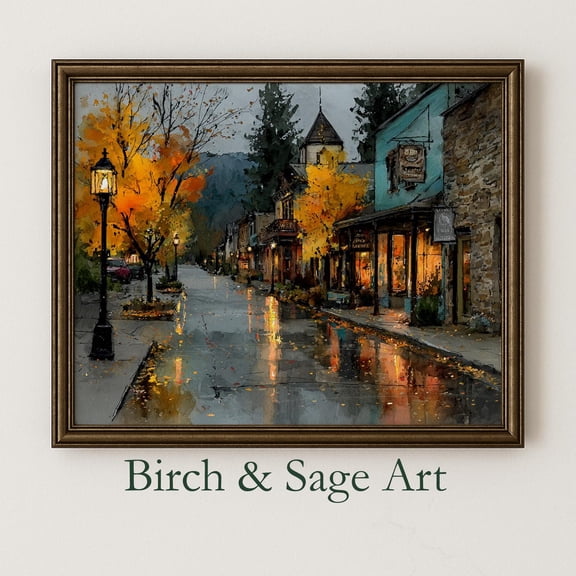 Autumn Twilight Street Scene Moody Small-Town Charm, Rustic Fall Evening, Colorful Cityscape Wall Art, Print Poster Landscape 230, Size 12x18 UNFFRAMED F03.1.6l3309
