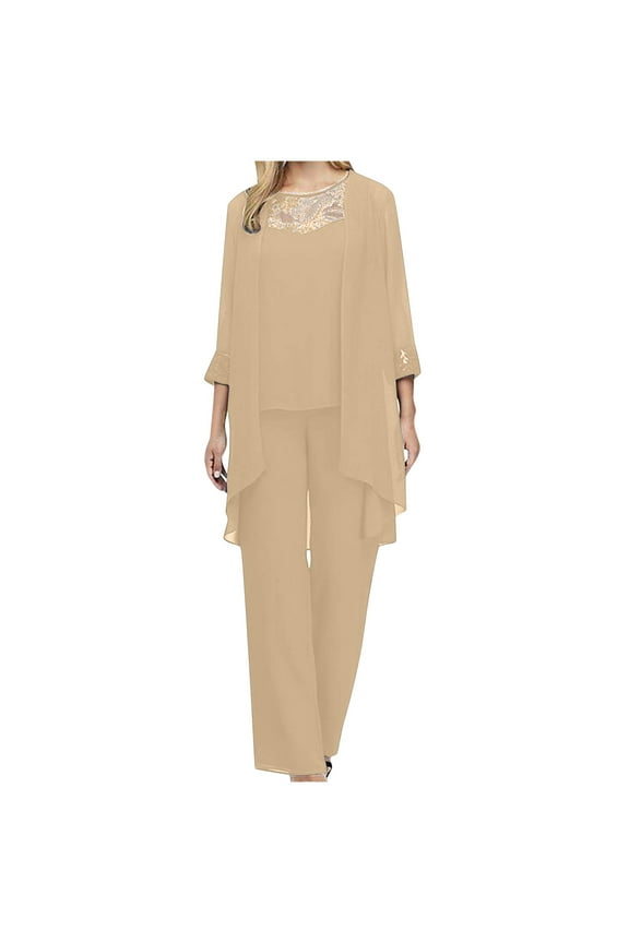 Autumn Two Piece Sets for Women Plus Size Solid Color Long Sleeved Round Neck Loose Lace Chiffon Pants Cape Three Piece Set Including Cardigan