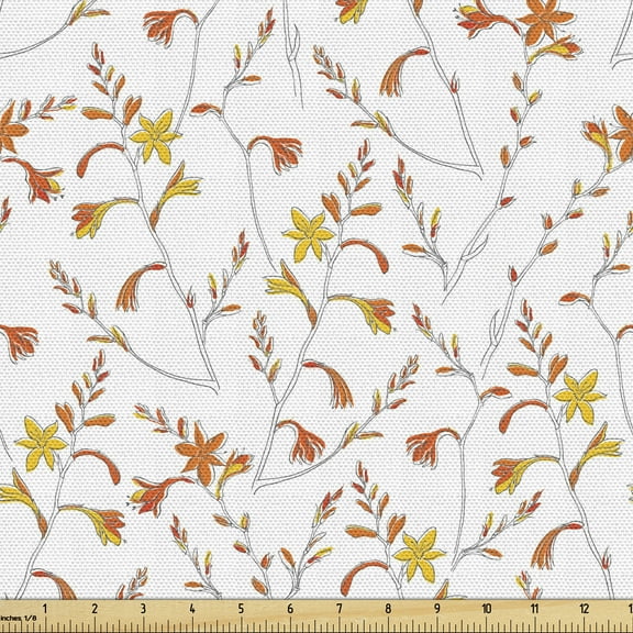 Autumn Upholstery Fabric by the Yard, Botanical Tree Branches Coppertips Iris Montbretia Petals in Fall Tones, Decorative Fabric for DIY and Home Accents, Mustard and Dark Orange by Ambesonne