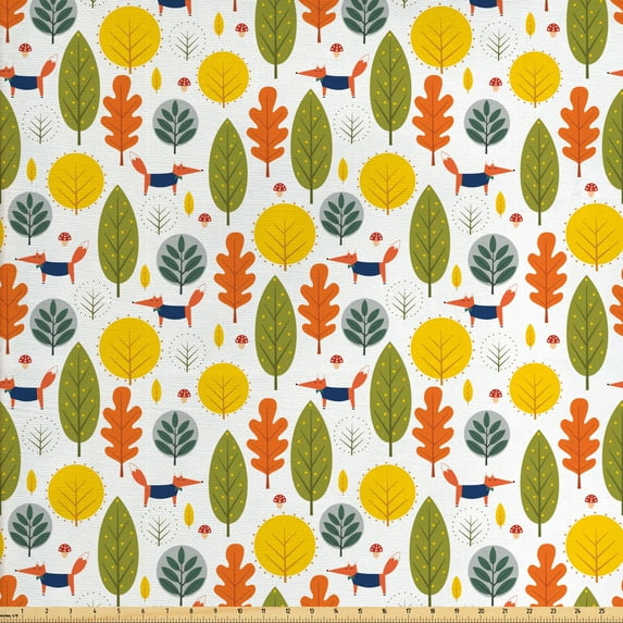 Ambesonne Autumn Fabric by the Yard Upholstery, Colorful Red Fox on Season, 2 Yards, White and Multicolor