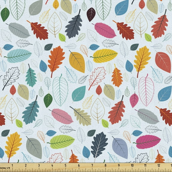 Ambesonne Autumn Fabric by the Yard Upholstery, Colorful Various Leaf Types, 3 Yards, Pale Blue Multicolor