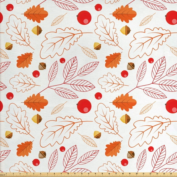 Autumn Upholstery Fabric by the Yard, Vivid Colors Leaves Acorn Rowan Berries Art on Plain Background, Decorative Fabric for DIY and Home Accents, Vermilion Mustard and White by Ambesonne